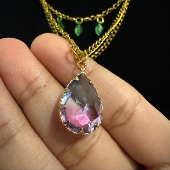 Fairycore Purple Ombre Crystal Pendant Green Leaf Necklace - Picture 12 of 16